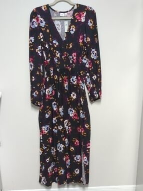GAP Black Floral Long-Sleeve Midi Dress with Pink and Light Blue Accents